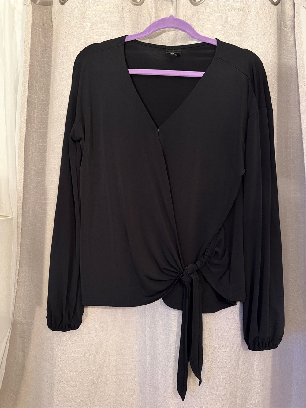 Worthington Black Long Sleeve Knot-Front Blouse
